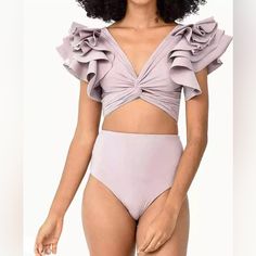 Two Pieces Swimsuit, High Waisted, Ruffle Top, Lilac. Brand New. Size S. Chic Solid Color Swimwear With Ruffles, Chic Solid Swimwear With Ruffles, Feminine Fitted Ruffled Swimwear, Elegant High Waist Swimwear For Spring, Elegant High Waist Spring Swimwear, Elegant Spring Swimwear With Ruffles, Elegant Ruffled Swimwear For Spring, Women Swimming Suits, Rounded Wardrobe