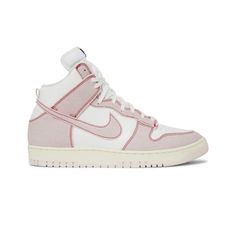 New!! Worn Around House. Men’s 8.5 Women’s 10 The Nike Dunk High 1985 'Barely Rose' Applies An Aged Aesthetic To A Refashioned High-Top That Aligns With The Retro Silhouette's Original Shape. Crisp White Leather Is Utilized On The Upper, Accented With Faded Pink Denim Overlays And A Color-Matched Swoosh. The Latter Details Feature Raw Edges And Contrast Red Stitching. Atop The Breathable Nylon Tongue, A Woven Tag Displays Traditional Nike Branding. The Sneaker Is Mounted On A Traditional Rubber Nike Dunk High 1985, Dunk High 1985, Nike Shoes Air Force, Trendy Shoes Sneakers, Preppy Shoes, Denim Sneakers, All Nike Shoes, Cute Nike Shoes, Dunk High