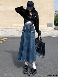 Olivia Mark - Vintage High-waisted Mermaid Denim Skirt with Chic Design Eye Tear, Long Jean Skirt, Tassel Skirt, Fishtail Skirt, Fish Tail, Denim Maxi Skirt, Mermaid Skirt, Denim Midi Skirt, Mermaid Fashion