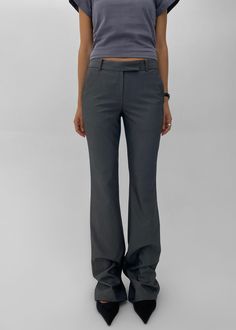 Charley Bootcut Pants - Charcoal – The Frankie Shop Fitted Gray Pants With Side Pockets, Gray Fitted Work Pants With Welt Pockets, Gray Mid-rise Bottoms With Belt Loops, Fitted Gray Work Pants With Welt Pockets, Tailored Mid-rise Bottoms With Belt Loops, Tailored Mid-rise Dress Pants With Welt Pockets, Office Mid-rise Pants With Welt Pockets, Formal Mid-rise Bottoms With Belt Loops, Formal Mid-rise Dress Pants With Pockets