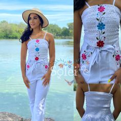 This modern style romper with a traditional look is perfect look for this season. It is a slim fitting romper with hand embroidered flowers and pockets on each side. Frida Kahlo Dress, Spaghetti Strap Jumpsuit, Traditional Mexican Dress, Womens Jumpsuits, Floral Halter Dress, Beautiful Summer Dresses, Jumpsuit Dressy, Hand Embroidered Flowers, Pockets Fashion