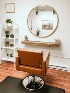 a hair salon chair in front of a mirror and shelves with potted plants on it