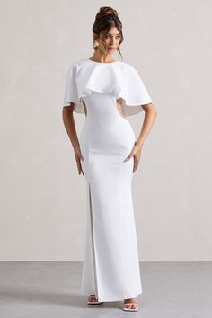 Isadora | Ivory Cut-Out Split Maxi Dress With Cape Elegant Evening Maxi Dress With Cutout, Elegant White Floor-length Maxi Dress, Elegant Maxi Dress With Cutout Details, White Evening Maxi Dress With Cutout, White Cutout Maxi Dress For Evening, Romantic Maxi Dress, Dress With Cape, Platform Heels Boots, Wedding Shoes Bride