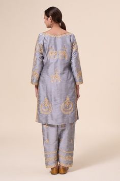 Grey kurta with aari thread embroidered animal motifs and sequin embellishments. Comes with salwar and dupatta. - Aza Fashions Eid Brocade Sets With Intricate Embroidery, Traditional Unstitched Suit With Gold Embroidery, Traditional Unstitched Suit With Gold Embroidery For Festive, Festive Raw Silk Fabric With Gold Embroidery, Festive Gold Embroidered Raw Silk Fabric, Transitional Traditional Wear With Gold Embroidery, Jamawar Kurta With Gold Embroidery For Festivals, Traditional Unstitched Suit With Gold Embroidery For Eid, Traditional Jamawar Wear With Gold Embroidery