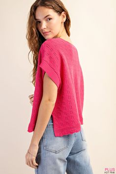 A great pink top for fall! Textured sweater knit, relaxed fit! Sizing: XL 14-16, 1XL 18-20, 2XL 22 Pink Textured Knit V-neck Sweater, Pink V-neck Open Knit Sweater, Cozy Pointelle Knit Tops For Loungewear, Pink Cotton Pointelle Knit Sweater, Oversized Textured Knit Top, Pink Oversized Top For Fall, Oversized Pink Tops For Fall, Oversized Pink Top For Fall, Casual Pink Pointelle Knit Top