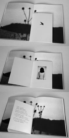 an open book with black and white photos on the cover is shown in three different positions