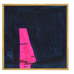 an abstract painting with pink and blue colors on black paper, framed in wood frame