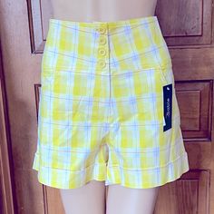 Yellow And White Plaid High-Waisted Vintage Style Shorts. By 2sable Front Fastening, With Four Buttons And Zipper. Two Front Pockets Waist Measurement Lying Flat Is Approximately 18” High Waist Yellow Beach Bottoms, High Waist Yellow Bottoms For Beach, High Waist Yellow Shorts For Beach, Yellow Bottoms With Built-in Shorts, Fitted Yellow Summer Bottoms, Fitted Yellow Shorts For Spring, Yellow Stretch Bottoms Of Short Length, Yellow High-waisted Bottoms With Built-in Shorts, Yellow Stretch Short Bottoms