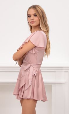 Pink Spring Midi Dress For Prom, Pink Midi Dress For Prom In Spring, Pink Midi Dress For Spring Prom, Feminine V-neck Satin Dress For Summer, Feminine Summer Prom Dress, Flowy Summer Prom Midi Dress, Summer Satin Dress With Ruffles, Summer Ruffled Satin Dress, Blush V-neck Dress For Date Night