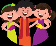 three children are hugging each other while wearing colorful dresses and holding their arms around one another