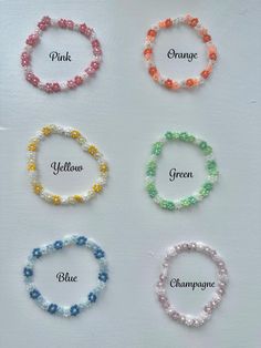 🌸 Comes in pink, orange, yellow, green, blue, and champagne.  🌼 Cute, dainty, and colorful beaded flower bracelets. 🌸 Using the sizing guide, select the appropriate size for your wrist measurement. Trendy Green Flower Beaded Bracelets, Dainty Flower-shaped Bracelet With Colorful Beads, Pink Flower Beaded Bracelets For Summer, Multicolor Flower-shaped Beaded Bracelets For Summer, Pink Flower-shaped Friendship Bracelets For Summer, Pink Flower Friendship Bracelets For Summer, Multicolor Flower Friendship Bracelets, Cute Flower Bracelets For Summer, Summer Flower Beaded Bracelets For Gifts