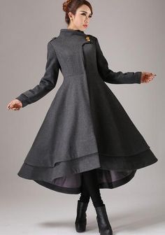 Gray wool coat long winter dress coat with layered hem (761) Winter Maxi Dress, 19th Century Dress, Winter Maxi, Long Outerwear, Maxi Dress Winter, Formal Occasion Dress, Coat Autumn, Evening Dresses Elegant, Vintage Women