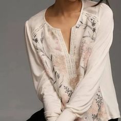 Tiny Brand From Anthropologie, New With Tags, Beautiful Shirt, Large Beige Feminine Tops With Floral Embroidery, Feminine Embroidered Beige Tops, Feminine Embroidered White Tops, Cream Tops With Floral Embroidery, Cream Embroidered Long Sleeve Tops, Feminine Embroidered Cream Tops, Feminine Cream Embroidered Tops, Cream V-neck Top With Floral Embroidery, Feminine Embroidered V-neck Tops