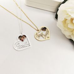 ♡Custom Name & Photo Heart Necklace♡ •Starting under $40 this week only! Bookmark alert! •Buy Now Pay Later with interest free installment payment options! Just choose the provider of your choice after adding your shipping info! Introducing our stunning custom heart shaped dainty photo pendant necklace that is truly one-of-a-kind. This beautiful necklace is designed with a small photo of your choosing and a laser cut out name in the heart, making it the perfect personalized gift. Made with high- Crystal Names, Name Photo, Photo Pendant, Photo Heart, Small Photos, Stainless Steel Pendant, Rose Gold Necklace, Beautiful Necklace, Name Necklace