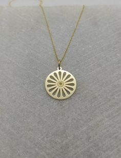 "Flower Necklace - Engraved Flower Charm - Gold Geometrical Charm - Gold Flower Pendant ▪️ A beautiful and clean engraved Flower pendant made out of 14K Solid Real Gold. Available only in yellow gold! Dimensions - Small - 16x16mm / 0.62 x 0.62 inches Medium - 18x18mm / 0.70 x 0.70 inches Big - 20x20mm / 0.78 x 0.78 inches Necklace Length - You can choose your chain length from 35CM to 50CM. The pendant is available alone without a chain, select \"No Chain\" on the necklace length section. ▪️ We Yellow Gold Filigree Flower Shaped Jewelry, Yellow Gold Filigree Jewelry In Flower Shape, Yellow Gold Round Pendant With Flower Charm, 14k Yellow Gold Flower Shaped Jewelry, Gold Flower Necklace In 14k Gold, Yellow Gold Flower-shaped Necklace For Anniversary, 14k Gold Flower Charm Pendant Jewelry, 14k Gold Filigree Flower Pendant Jewelry, 14k Gold Flower Charm Jewelry