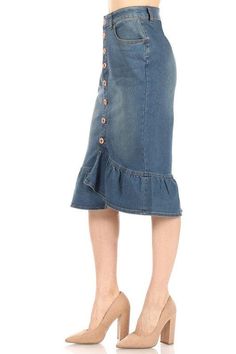 Bring your denim level up a notch with this adorable Miranda denim skirt. Beautiful ruffle hem to dress up for church or casual event. Faux buttons for no show. No back pockets & perfect all year round! TRUE TO SIZE Size Waist Hips Length XS 27.5 34.5 28 S 29.5 36.5 28 M 31.5 38.5 28 L 34 41 28 XL 36.5 43.5 28 2XL 39 46 28 3XL 41.5 48.5 28 Girls Denim Skirts, Denim Skirts Knee Length, Elastic Waistband Skirt, Vintage Denim Skirt, Denim Hoodie, Office Skirt, Stretch Denim Fabric, Ladies Dresses, Cute Heels