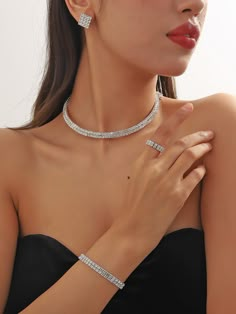 Silver  Collar     Embellished   Women Fashion Jewelry Elegant Jewelry For Women, Necklace For Bride Wedding, Necklaces For Brides, Delicate Bridal Earrings, Luxury Jewelry Diamond, Elegant Wedding Jewelry, Luxury Diamond Jewelry, Bride Jewelry Set, Rhinestone Jewelry Set