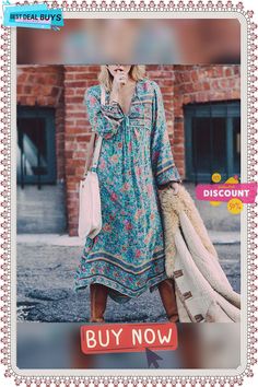 Bohemian Printed Fashion Casual Loose Dress Bohemian Printed Fall Dresses, Green Bohemian Maxi Dress For Fall, Green Bohemian Dress For Fall, Bohemian Green Dress For Fall, Green Bohemian Fall Dress, Green Long Boho Dress For Spring, Long Green Boho Dress For Spring, Bohemian Multicolor Long Sleeve Midi Dress, Bohemian Long Sleeve Multicolor Midi Dress