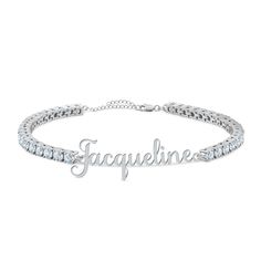 Timeless elegance made just for you! Your name is elegantly personalized on this stunning bracelet! Sparkling with 38 stunning simulated diamonds totaling over 6.5 carats. Beautifully presented, your bracelet will arrive in our signature keepsake pouch. Elegant Personalized Diamond White Jewelry, Luxury Diamond Name Bracelet For Anniversary, Customizable Elegant Name Bracelet, Elegant Personalized Cubic Zirconia Jewelry, Luxury Personalized Diamond Bracelet For Anniversary, Personalized Adjustable Diamond Bracelets, Personalized Diamond Bracelets With Adjustable Fit, Adjustable Personalized Diamond Bracelets, Personalized White Gold Name Bracelet For Formal Occasions