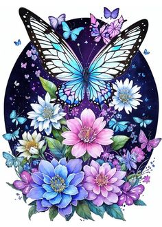 a butterfly and flowers with butterflies around it