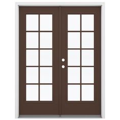 a brown double door with two sidelights