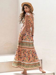 Women's Full Printed High Waist Dress Spring Fitted Patterned Maxi Dress, Bohemian Fitted Floral Printed Dress, Fitted Bohemian Floral Printed Dress, Spring Retro Print Maxi Dress, Patterned Summer Maxi Dress With Fitted Style, Spring Maxi Dress With Retro Print, Retro Print Summer Dresses For Spring, Summer Floral Dress With Vibrant Print, Fitted Floral Dress With Vibrant Print For Summer