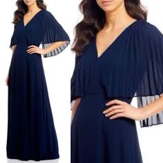 New Halston Heritage Navy Pleated Cape Sleeve Georgette Evening Dress Gown 6 Halston Pleated Cape Overlay V-Neck Crepe Georgette Gown. Simply Enchanting, This Crepe-Georgette Gown Is Both Breezy And Sophisticated In A Flowing Cut With A Pleated, Cape- Sleeve Bodice. Dark Navy Gorgeous Dress Perfect For Weddings Cocktails Bridesmaid Mother Of Bride Or Groom Event Formal Chic Blue V-neck Evening Dress, V-neck Lined Evening Dresses, V-neck Pleated Formal Dress, Formal Flowy V-neck Dress, Lined V-neck Evening Dresses, Blue Maxi Length V-neck Evening Dress, Pleated V-neck Bridesmaid Dresses, Blue Maxi Length V-neck Dress For Evening, Pleated V-neck Dress For Formal Events