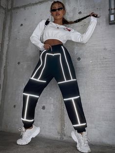 Black Sporty   Polyester  Tapered/Carrot Embellished Non-Stretch Spring/Summer/Fall Women Bottoms Reflective Outfit Festival, 90s Raver Fashion, Dance Competition Costumes Hip Hop, Hyperspace Outfit, Hip Hop Dance Outfits Women, Reflective Rave Outfit, Hip Hop Outfits Dancers, Comfy Rave Outfit, Simple Rave Outfits