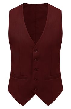 Bring understated elegance to the table in this three-piece suit crafted from rich fabric in a classic single-breasted silhouette. Jacket has notched lapels; chest welt pocket; front flap pockets Vest has front button closure; V-neck Pants have zip fly with button closure; front slant pockets; back button-welt pockets Jacket and vest are lined; trousers are lined to the knee 65% polyester, 35% viscose Dry clean Imported Each suit has a 6” drop, meaning that a size 38R jacket is paired with size Fitted Business Vest With Pockets, Elegant Business Casual Three-piece Suit With Pockets, Elegant Three-piece Suit With Pockets For Business Casual, Classic Sleeveless Solid Outerwear, Fitted Suit With Notched Lapels And Pockets, Classic Three-piece Suit With Single Button For Formal Occasions, Fitted Suit With Notched Pockets, Semi-formal Three-piece Suit With Suit Collar And Pockets, Fitted Notched Suit With Pockets