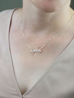 "Cursive Name Necklace, Personalized Necklace, Personalized Gifts, Personalized Jewelry, Custom Name Necklace Silver, Baby Name Necklace ♥ ALWAYS CLOSE TO YOUR HEART♥ Personalized jewelry is wonderful because it is unique and has meaning to the wearer. There is always a suitable for you. The most unique jewelry would make the perfect gift for yourself, loved ones or friends. MATERIAL; All of our products are made of high quality 925 Sterling Silver. COLORS ; 925 sterling silver, rose gold and 14 Personalized Sterling Silver Chain Necklace For Anniversary, Name Pendant Necklaces For Weddings, Wedding Necklaces With Names On Pendant, Wedding Name Pendant Necklace, Wedding Pendant Necklace With Names, Silver Name Chain Necklace For Anniversary, Silver Chain Necklace With Name For Anniversary, Silver Personalized Chain Necklace For Anniversary, Dainty Personalized Chain Necklace For Mother's Day