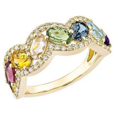 Presenting the rainbow Ring from Sunita Nahata's Rainbow Collection. This gorgeous ring is made up of vivid gemstones that reflect the rainbow's hues and symbolize hope, joy, and variety. This ring offers elegance and luxury while celebrating life's vibrant events. This 18-karat yellow gold ring has classic elegance and contemporary style, making it an ideal choice for any occasion. Rainbow Gemstone Ring in 18 Karat Yellow Gold with White Diamond. Tsavorite: 0.29 carat, 5X3mm size, oval shape. Sky Blue Topaz: 0.30 carat, 5X3mm size, oval shape. London Blue Topaz: 0.30 carat, 5X3mm size, oval shape. Amethyst: 0.24 carat, 5X3mm size, oval shape. Citrine: 0.24 carat, 5X3mm size, oval shape. Rhodolite: 0.35 carat, 5X3mm size, oval shape. Morganite: 0.18 carat, 5X3mm size, oval shape. White Dia Rainbow Rings, Rainbow Gemstones, Fancy Rings, Blue Topaz Stone, Sky Blue Topaz, Modern Ring, Naha, Topaz Stone, London Blue Topaz