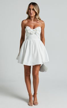 Angeletta Mini Dress - Sweetheart Rosette Detail Fit & Flare in White | Showpo High Neck White Mini Dress, Flirty Mini Dress With Sweetheart Neckline And Fitted Bodice, Chic Dresses For Bridal Shower In Spring, Summer Wedding Mini-length Corset Dress, Summer Wedding Mini Dress With Ruched Bodice, Spring Wedding Mini Dress With Ruched Bodice, Flirty Spring Wedding Mini Dress, Spring Mini-length Bridesmaid Corset Dress, White Feminine Corset Dress With Ruched Bodice