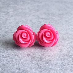 Bubblegum Pink Blooming Rose Bud Earrings - Silver Plated Stud Posts, 15mm Resin Rose Cabochons, Can Pink Rose Design Jewelry For Valentine's Day, Pink Rose Design Flower Earrings For Valentine's Day, Pink Rose Design Earrings For Valentine's Day, Pink Cabochon Earrings As Gift, Pink Flower Earrings With Rose Design, Pink Rose Flower Earrings For Gift, Round Pink Nickel-free Flower Earrings, Bubble Gum Earring, Pink Cabochon Earrings For Gift