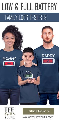 Shop these funny Matching Family T-shirts with Low and Full Battery Graphic on Front. Available in many colors and sizes. Free Shipping now for Father's day. Get one for Father, Mother, Daughter, Son and Baby. #family #matching #outfit #apparel #matchingset #matchingfamily #mommyandme #daddyandme #fatherson #motherdaughter #baby #batterylow #batteryfull #batteryshirts #familylook #matchingfamilytshirts #teelikeyours #fathersday #mothersday #birthday #pregnancy #newbaby #babyshower #announcement Father's Day Family Matching Tops For Gift, Family Matching Tops For Father's Day And Family Reunion, Family Matching Tops For Father's Day Reunion, Cotton Crew Neck T-shirt For Family Events, Matching Short Sleeve T-shirt For Family Events, Funny Letter Print T-shirt For Family Events, Family Matching Short Sleeve Tops For Family Events, Funny Crew Neck Tops For Family Events, Matching Crew Neck Tops For Family Events