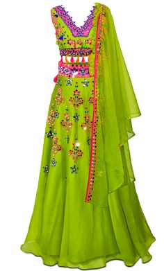 Gorgeous green organza lehenga by Preeti S Kapoor with matching short blouse Multicolor Organza Anarkali Set For Navratri, Multicolor Organza Anarkali Set For Festivals, Navratri Multicolor Organza Anarkali Set, Bohemian Green Saree For Party, Festival Party Anarkali Set With Cutdana, Traditional Organza Choli With Mirror Work, Green Chanderi Sharara For Party, Green Art Silk Salwar Kameez For Party, Green Lehenga With Resham Embroidery For Festivals