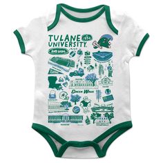 Tulane Green Wave Hand Sketched Vive La Fete Impressions Artwork Infant White Short Sleeve Onesie Bodysuit Short Sleeve Graphic Print Bodysuit For Playtime, Short Sleeve Bodysuit With Graphic Print For Playtime, White Short Sleeve Onesie With Character Print, Short Sleeve Bodysuit With Character Print For Playtime, Short Sleeve Character Print Bodysuit For Playtime, Green Short Sleeve Cotton Onesie, Green Cotton Short Sleeve Onesie, Green Cotton Shortsleeved Onesie, White Short Sleeve Bodysuit With Graphic Print