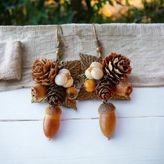 two pine cones and acorns are hanging from the back of a pair of earrings