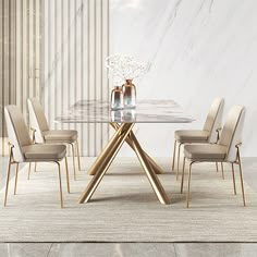 a marble dining table with beige chairs and vases on the top, in front of a white striped wall