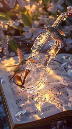 a glass bird figurine sitting on top of an open book with music notes