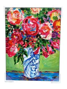 a painting of flowers in a blue vase