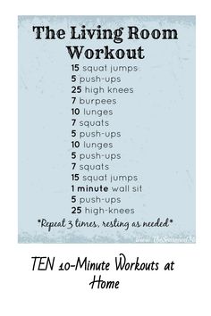 The Living Room Workout routine list on a light blue background. 20 Minute Workout At Home No Equipment, 45 Minute Workout Home No Equipment, Indoor Workout No Equipment, 20 Minute Workout At Home, Glow Up Diet, Workouts At Home No Equipment, Resistance Band Arm Workout, At Home Hiit, Living Room Workout