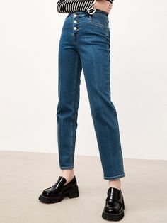 MO&Co.Women Straight High Waist Jeans Features : - Multi-button closure- High waist design- Straight leg and ankle designCode: MBB4JENT12The length of size M is 96cm MATERIALS & CARE : Material: 99.1% Cotton 0.9% SpandexMachine wash separately under 30℃Do not bleach, hang to dryDo not tumble dry, iron at a low temperatureDo not dry clean, do not expose to the sunThe reverse side is washed in a mesh bag, do not soakNotice:1. The leather tag part should not be ironed or wiped.2. Denim products hav Blue Tapered Leg Bottoms With Button Closure, Trendy Cropped Leg Bottoms With Button Zip Fly, Mid-rise Pants With Button Closure, Blue Tapered Leg Pants With Button Closure, Cropped Leg Workwear Bottoms With Buttons, Blue Cropped Leg Jeans With Button Closure, Casual Cropped Leg Bottoms With Buttons, Blue Bottoms With Belt Loops And Cropped Leg, Blue Cropped Leg Bottoms With Belt Loops