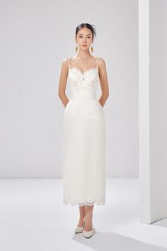 White A-line Midi Dress Lined, White Lined V-neck Midi Dress, White Camisole Dress With Built-in Bra, White Sleeveless Bias-cut Midi Dress, White Stretch A-line Midi Dress, Crepe Midi Dress, Mean Blvd, Camisole Dress, Straight Skirt