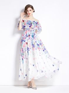 Envision a serene walk through a flourishing garden with this ethereal floral maxi dress. Its whisper-soft chiffon fabric floats around the body, featuring a symphony of pastel florals that bloom against an immaculate white backdrop. The dress offers an off-shoulder neckline draped with a delicate ruffle, adding a romantic flair that’s reminiscent of the first blush of spring. An elasticized waist cinches gently, providing comfort and definition, while the full, flowing skirt glides gracefully t White Chiffon Dress For Garden Party, Spring Flowy Chiffon Dress, Flowy Chiffon Spring Dress, Spring Floral Print Maxi Dress With Flowy Skirt, Bohemian Chiffon Floral Dress For Garden Party, Feminine Flowy Chiffon Maxi Dress, Feminine Chiffon Maxi Dress With Flowy Skirt, Spring Floral Print Chiffon Maxi Dress, Spring Summer Chiffon Dress For Garden Party