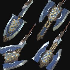 four different types of swords with gold and blue designs on them, all in the same pattern