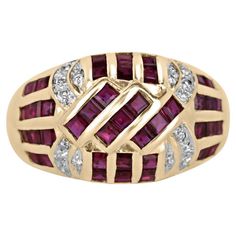 This exquisite vintage ring showcases the timeless beauty of 41 princess cut red rubies delicately nestled in a channel setting, adorned with micro round cut diamonds that gracefully accentuate their brilliance, all set within a radiant 18k yellow gold frame. A true embodiment of elegance and sophistication, this ring is a stunning testament to the allure of vintage craftsmanship and the everlasting allure of rubies and diamonds. Setting Style: Channel/Pave Setting Material: 18K Yellow Gold Sett Red Sapphire Ring, Ruby Wedding Rings, Natural Ruby Ring, Ruby Bands, Ruby Ring Gold, Red Sapphire, Ring Ruby, Heart Engagement Rings, Channel Setting