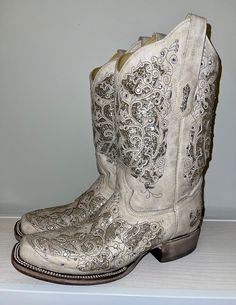 Corral Ladies Eliza White Glitter Inlay & Crystals Wedding Boot - Size 10.5 Silver Fitted Boots For Wedding, Elegant Silver Wedding Boots, Sparkling Round Toe Wedding Boots, Embellished Silver Wedding Boots, Silver Embellished Wedding Boots, Crystals Wedding, Wedding Boots, Corral Boots, Glitter Boots