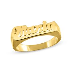 This customized name ring is a thoughtful gesture on any occasion. Crafted in sterling silver with 14K gold plate, this fun take on a fashion classic features the name or phrase you select - up to 10 characters in length - spelled out across the center in a bold script font. Expertly finished and ready for anytime wear, this Personalized style pairs well with any outfit. Custom-made to fit her ring size. Sterling silver rings cannot be resized after purchase. Chunky Silver Earrings, Gold Name Ring, Nameplate Ring, Zales Zales, Bold Script Font, Special Outfits, Sterling Silver Rings Set, Name Ring, Her Ring