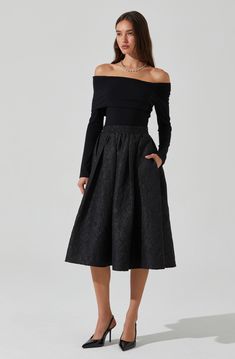 Jacquard midi skirt Elasticized waistband, pull on style Fully skirt with slight pleating Dry clean only 100% Polyester Style #ACS9213 Bodycon Dress Winter, Black Tie Bridesmaids, Off Shoulder Long Sleeve Top, Jacquard Midi Skirt, Junior Girl Dresses, Jacquard Skirt, Astr The Label, Off Shoulder Top, Black Midi Skirt