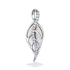 14K White Gold Maile Leaf Pendant with White Mother of Pearl Inlay and 0.19 Carats (total weight) of Diamonds. The pendant measures approximately 1 1/8" in length. Please note that a chain is not included with the purchase of this pendant. Mother Of Pearl Inlay, Pearl Inlay, Leaf Pendant, Mother Of Pearl, White Gold, Diamonds, Chain, Pendant, Gold